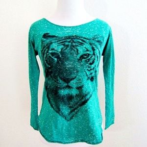 Teal Burnout Tee Long Sleeve Tiger Animal Graphic - Size S